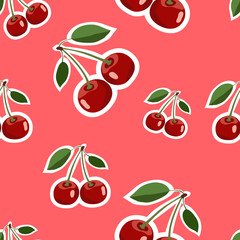 Pattern of red big cherry stickers different sizes with leaves on red background
