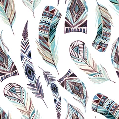 Behang Aquarel versierd tribal veren naadloos patroon © Tanya Syrytsyna