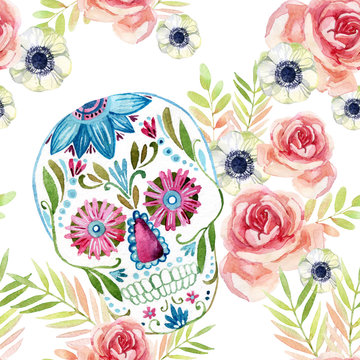 Watercolor mexican sugar skull among the flowers seamless pattern.