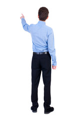 Back view of pointing business man.  Rear view people collection.  backside view of person.  Isolated over white background. Businessman in a blue shirt pointing her finger away.