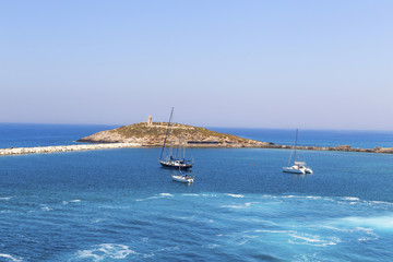 Naxos island,  Portara ancient gate, view from the sea, Greece