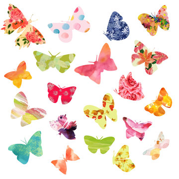 Vector set of 20 butterflies with fancy watercolor textures