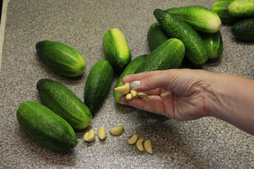 Ingredients and one of steps for cooking cucumber salad