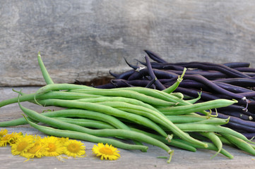 haricots frais violets et verts sur fond bois 