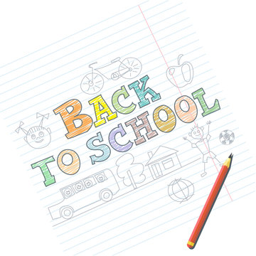 Welcome back to school card with kid sketches on notebook. Digital vector image