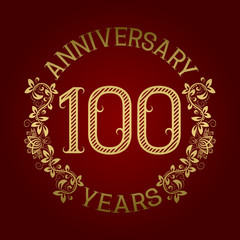 Golden emblem of hundredth anniversary. Celebration patterned sign on red.