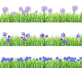 Set of grass with flower backgrounds. Daisies, bluebells and len.