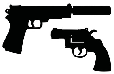 Hand drawing of short revolver and handgun with the silencer - 118523543