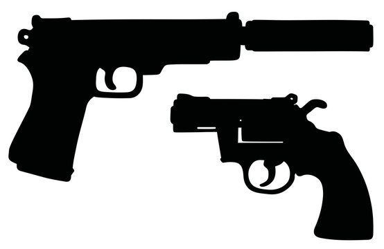 Hand drawing of short revolver and handgun with the silencer