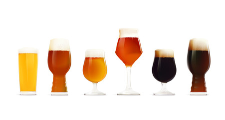 Beer Glasses Set. Different types of beer - Hoppy Lager, IPA, Golden Ale, APA, Stout, DIPA. Craft Beer. Craft Brewery.