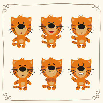 Vector set isolated emotions tiger. Stickers emoticons with different emotions tiger. Collection cartoon tiger.