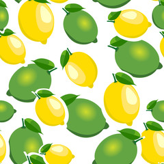 Seamless pattern with big lemons and limes with leaves. White background.