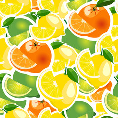 Seamless pattern with big lemon, orange, lime with slices. Fruit isolated on a white background