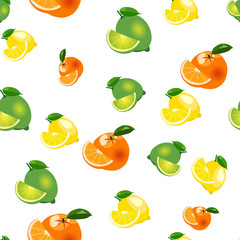 Seamless pattern with lemon, orange, lime with slices. Fruit isolated on a white background
