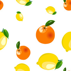 Seamless pattern with lemon, orange stickers. Fruit isolated on a white background