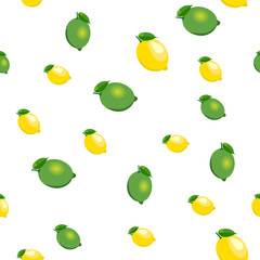 Seamless pattern with small lemons and limes with leaves. White background.