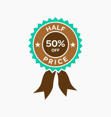 Half price. 50% off sale offer badge. Promo seals/stickers.