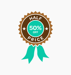 Half price. 50% off sale offer badge. Promo seals/stickers.