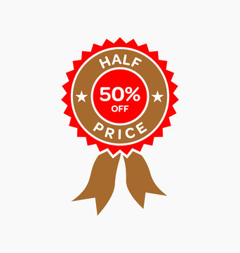 Half price. 50% off sale offer badge. Promo seals/stickers.