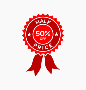 Half price. 50% off sale offer badge. Promo seals/stickers.