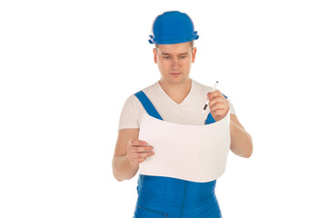 male construction worker in a blue uniform