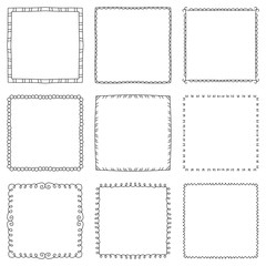 Set of hand drawn decorative square frames and borders. Mono line design templates, isolated on white background