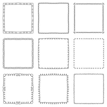 Set of hand drawn decorative square frames and borders. Mono line design templates, isolated on white background