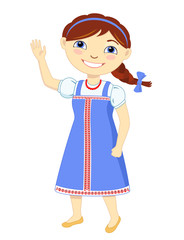 Little girl dressed in sarafan waves and smiles. Vector cartoon illustration of russian child.