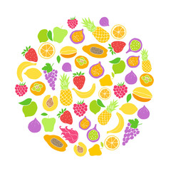 Doodle set of different fruits and berries. Healthy food. 