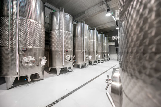 Metal Tanks For Wine Fermentation At The Manufacture