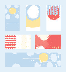 Bright abstract business cards, hand drawn with brush and stripes, brush blobs and smears. Red, yellow, blue accents. Vector illustration set, good for print or presentation design with place for text
