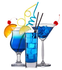 Set of blue cocktails with decoration from fruits and colorful straw isolated on white background.