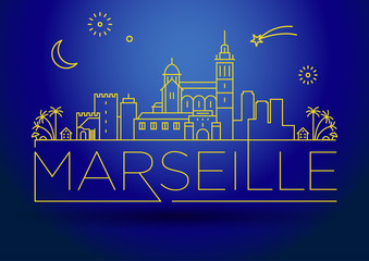 Fototapeta premium Minimal Vector Marseille City Linear Skyline with Typographic De