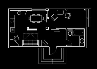 linear architectural sketch plan studio house on black background