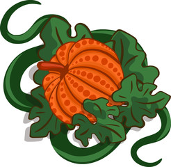 orange pumpkin with leaves on a bed, vector illustration. cartoon pumpkin with leaves as design element