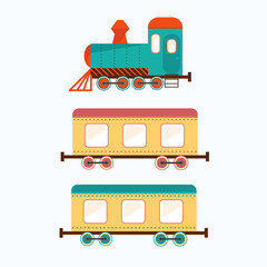 locomotive with set of passenger cars, vector illustration,Toy style. Profile of locomotive and wagon for design.
