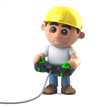 3d Construction worker playing a video game