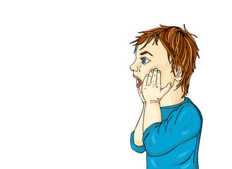 Very surprised cute boy. He opened his mouth and holding his hands over his face. Child with red hair. Drawn on a white background.