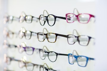 Close-up of various spectacles on display