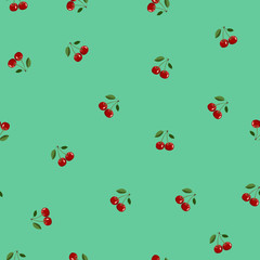 Pattern of red small cherry same sizes with leaves on turquoise background