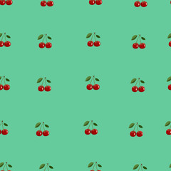 Pattern of small red cherry with leaves on turquoise background