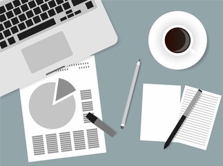 Flat Style Contemporary Design. Top view of the office workplace. Icon of a laptop keyboard, coffee cup, pencil, papers