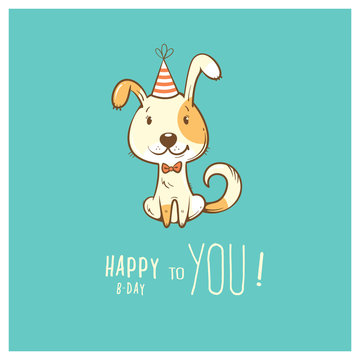 Birthday card  with cute cartoon dog in  party hat. Vector contour image. Little puppy. Funny animal.