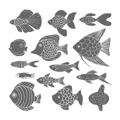 Hand drawn vector fish illustration set. Doodle silhouette of fishes.