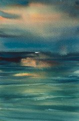 Fototapeta premium Watercolor painting of sea at sunset time, watercolor background texture
