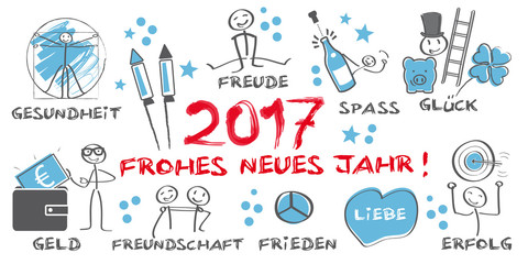 2017 Frohes neues Jahr illustrierte Grußkarte mit Symbolen