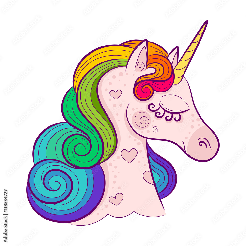 Wall mural head of cute white unicorn with rainbow mane isolated on white background. vector illustration