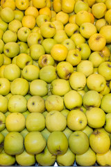 Background of green and yellow apples on sale at the local market