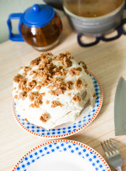 chocolate cake on   plate on   table.
