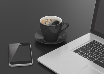 Fototapeta na wymiar Laptop smartphone and coffee cup on black. 3d rendering.